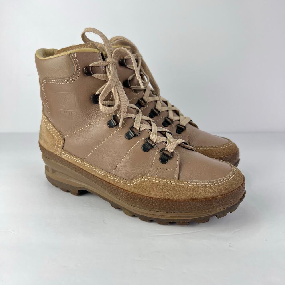 Vintage 80s LOWA Trekking Hiking Beige Leather Women's Boots High Top US 6.5